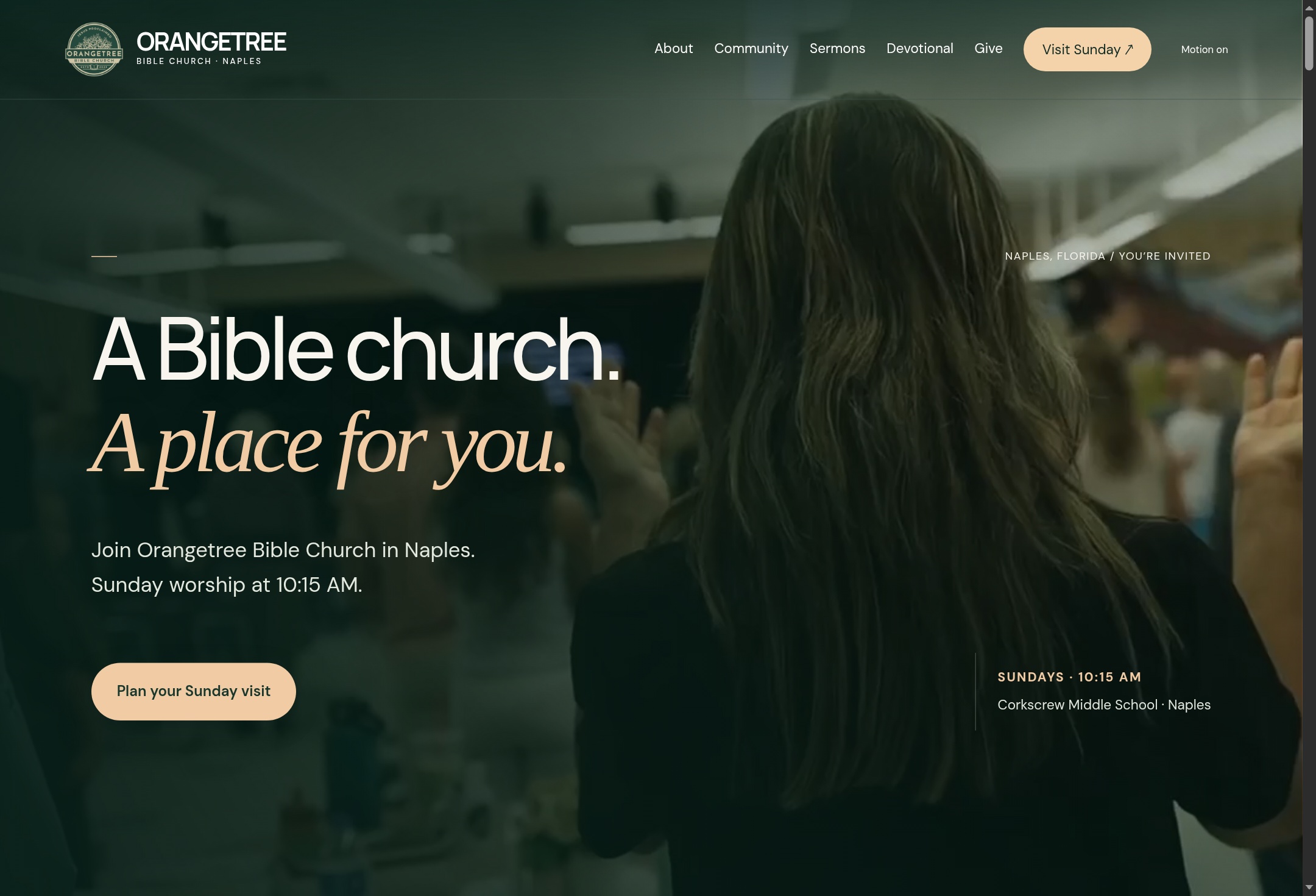 Orangetree Bible Church website with its Sunday welcome and community imagery