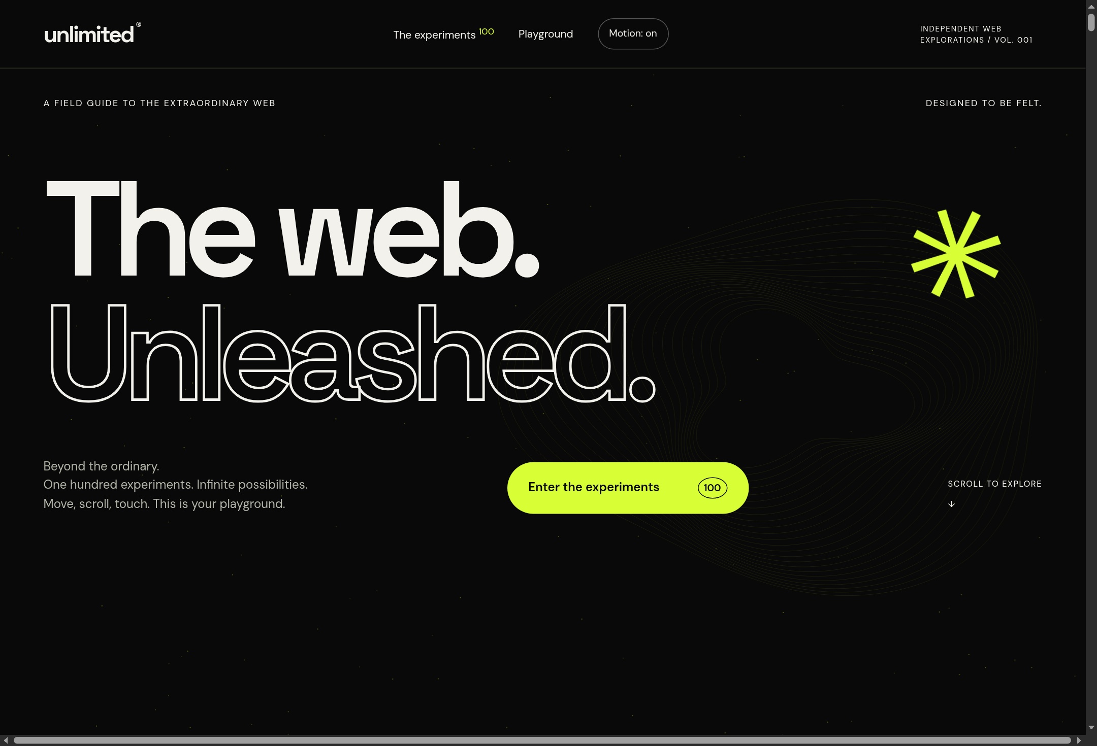 UNLIMITED website featuring bold typography and a collection of interactive web experiments